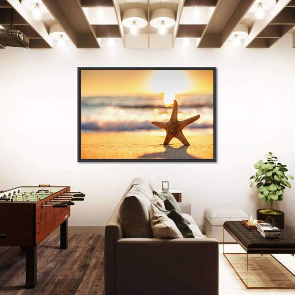 Sea Starfish On The Beach At Sunrise Canvas Wall Art-5 Horizontal-Gallery Wrap-22" x 12"-Tiaracle
