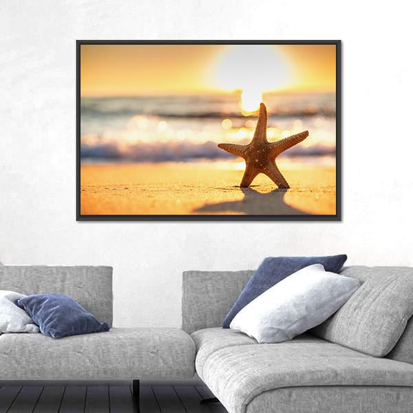 Sea Starfish On The Beach At Sunrise Canvas Wall Art-5 Horizontal-Gallery Wrap-22" x 12"-Tiaracle