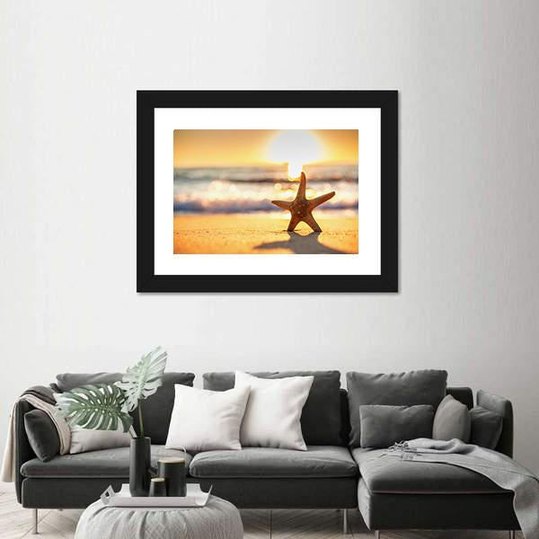 Sea Starfish On The Beach At Sunrise Canvas Wall Art-5 Horizontal-Gallery Wrap-22" x 12"-Tiaracle