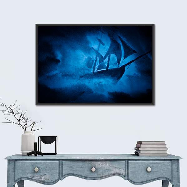 Tall Ship in Sea Storm Canvas Wall Art in black and blue, framed canvas, product view on a white background