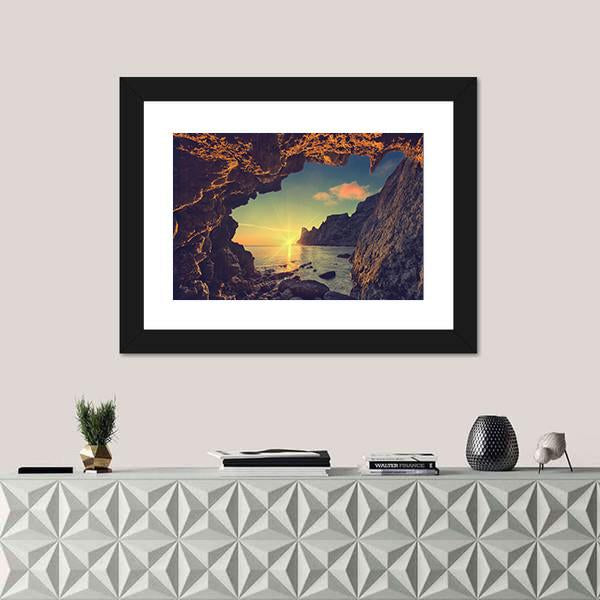 Sea Sunset From Mountain Cave Canvas Wall Art-1 Piece-Framed Print-20" x 16"-Tiaracle