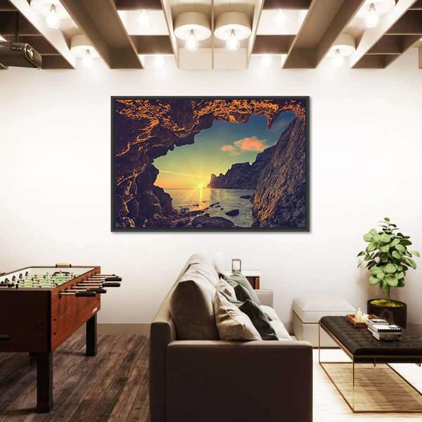 Sea Sunset From Mountain Cave Canvas Wall Art-5 Horizontal-Gallery Wrap-22" x 12"-Tiaracle