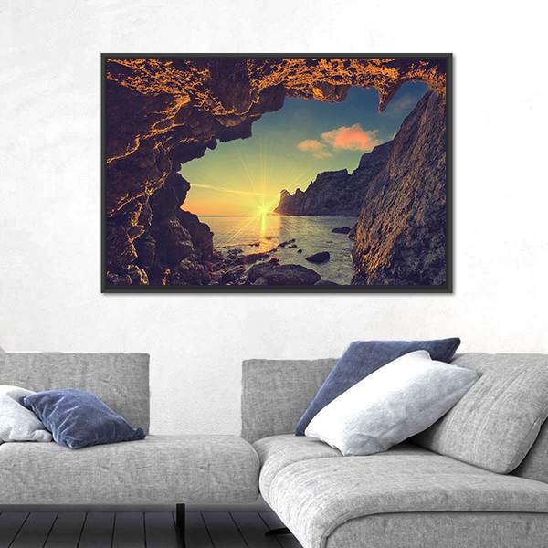 Sea Sunset From Mountain Cave Canvas Wall Art-5 Horizontal-Gallery Wrap-22" x 12"-Tiaracle