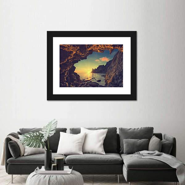 Sea Sunset From Mountain Cave Canvas Wall Art-3 Horizontal-Gallery Wrap-25" x 16"-Tiaracle