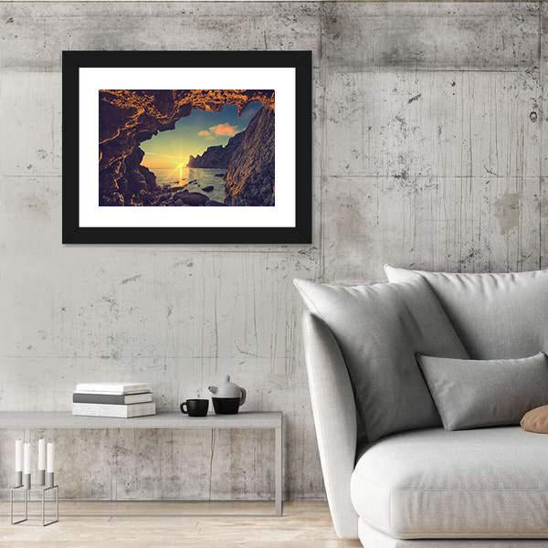 Sea Sunset From Mountain Cave Canvas Wall Art-5 Horizontal-Gallery Wrap-22" x 12"-Tiaracle