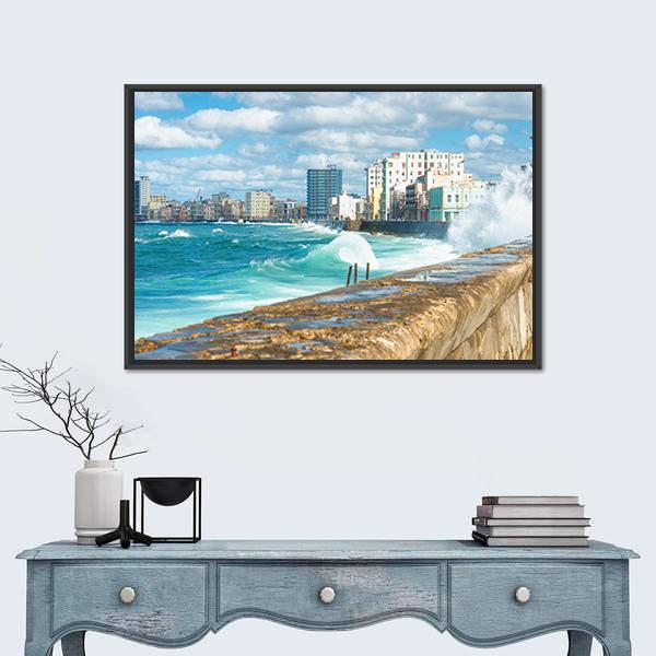 Sea Waves Crashing On The Malecon Seawall Canvas Wall Art-1 Piece-Floating Frame-24&quot; x 16&quot;-Tiaracle