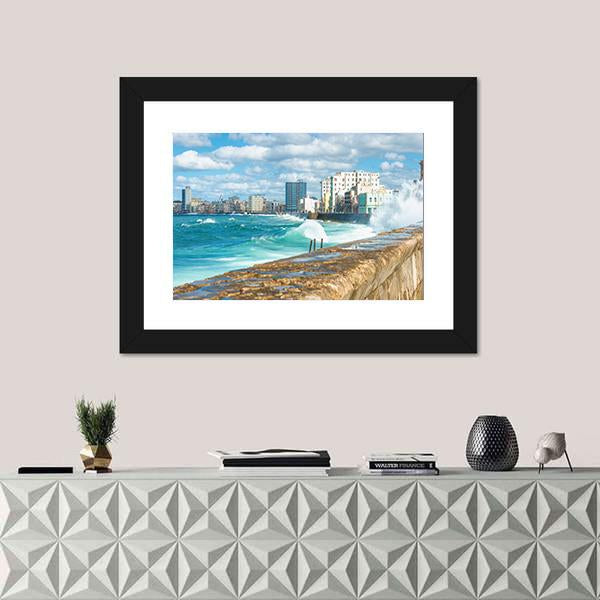 Sea Waves Crashing On The Malecon Seawall Canvas Wall Art-1 Piece-Framed Print-20&quot; x 16&quot;-Tiaracle