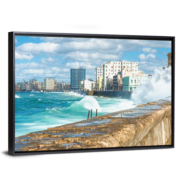 Sea Waves Crashing On The Malecon Seawall Canvas Wall Art-3 Horizontal-Gallery Wrap-25&quot; x 16&quot;-Tiaracle