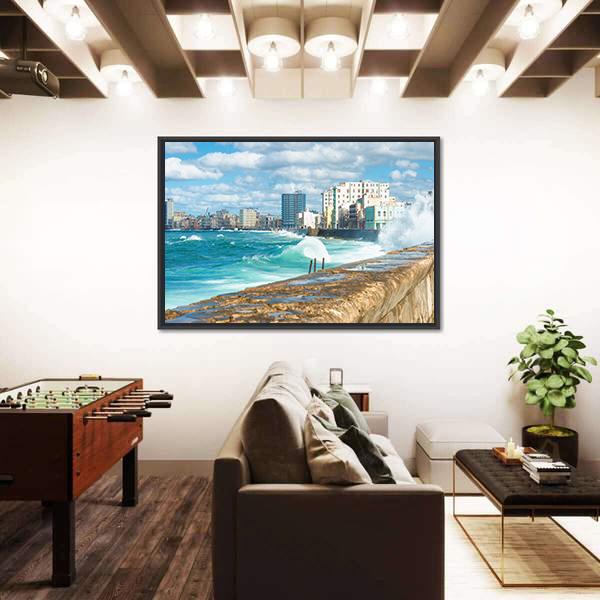 Sea Waves Crashing On The Malecon Seawall Canvas Wall Art-3 Horizontal-Gallery Wrap-25" x 16"-Tiaracle