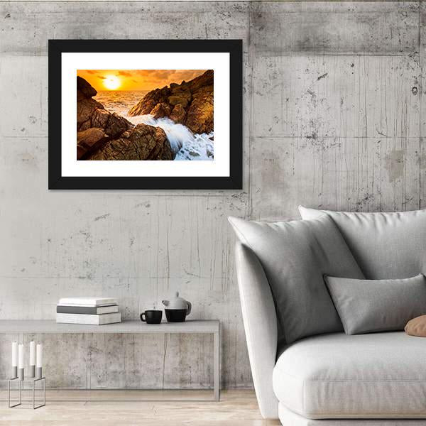 Sea Waves Line Impact Rock On The Beach Canvas Wall Art-5 Horizontal-Gallery Wrap-22" x 12"-Tiaracle