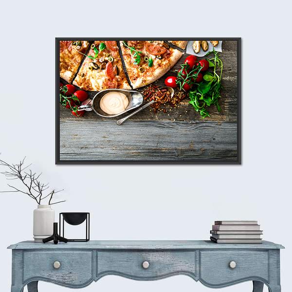 Seafood Pizza With Cherries Canvas Wall Art-1 Piece-Floating Frame-24" x 16"-Tiaracle