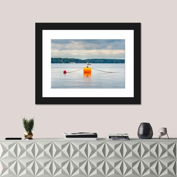 Seagull Bird Standing On An Orange Buoy Canvas Wall Art-1 Piece-Framed Print-20" x 16"-Tiaracle