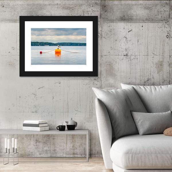 Seagull Bird Standing On An Orange Buoy Canvas Wall Art-3 Horizontal-Gallery Wrap-25" x 16"-Tiaracle