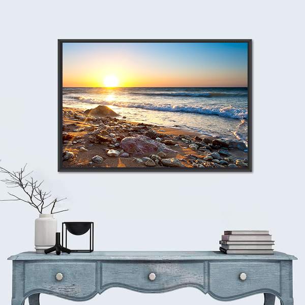 Seascape During Sundown Canvas Wall Art-5 Horizontal-Gallery Wrap-22" x 12"-Tiaracle