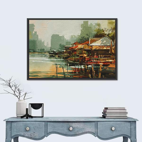 Seascape Painting Showing Old Fishing Village Watercolor Style Canvas Wall Art-1 Piece-Floating Frame-24" x 16"-Tiaracle