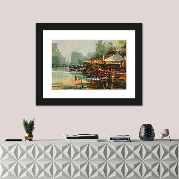 Seascape Painting Showing Old Fishing Village Watercolor Style Canvas Wall Art-1 Piece-Framed Print-20" x 16"-Tiaracle