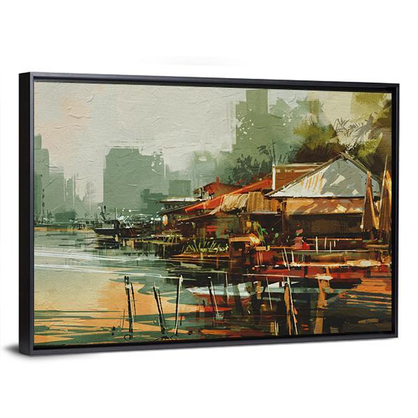 Seascape Painting Showing Old Fishing Village Watercolor Style Canvas Wall Art-3 Horizontal-Gallery Wrap-25" x 16"-Tiaracle