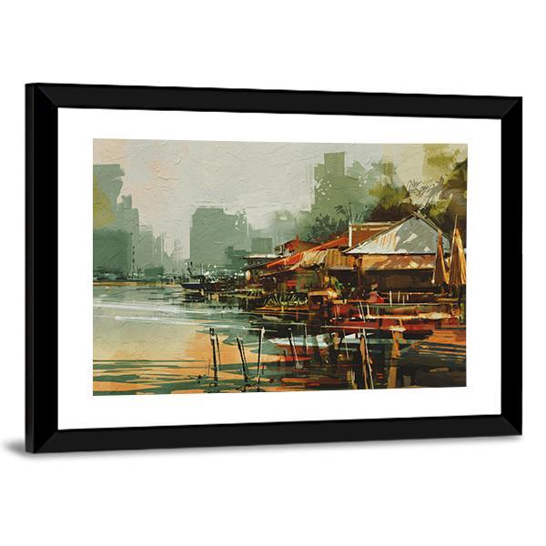 Seascape Painting Showing Old Fishing Village Watercolor Style Canvas Wall Art-3 Horizontal-Gallery Wrap-25" x 16"-Tiaracle