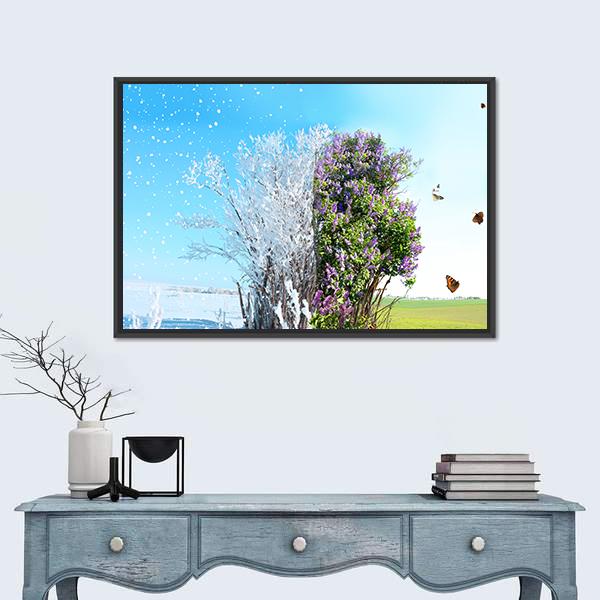 Season Change From Winter To Spring Canvas Wall Art-1 Piece-Floating Frame-24" x 16"-Tiaracle