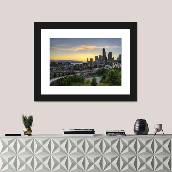 Seattle Washington Skyline At Sunset Canvas Wall Art-1 Piece-Framed Print-20" x 16"-Tiaracle