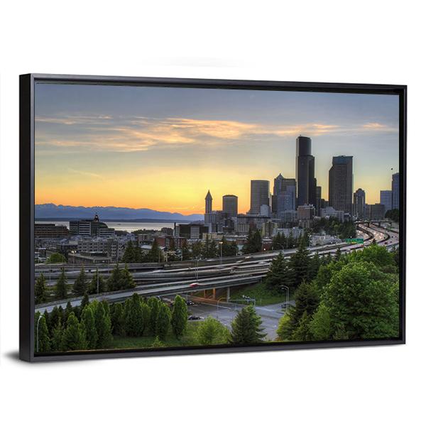 Seattle Washington Skyline At Sunset Canvas Wall Art-3 Horizontal-Gallery Wrap-25" x 16"-Tiaracle