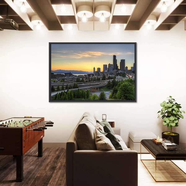 Seattle Washington Skyline At Sunset Canvas Wall Art-3 Horizontal-Gallery Wrap-25" x 16"-Tiaracle
