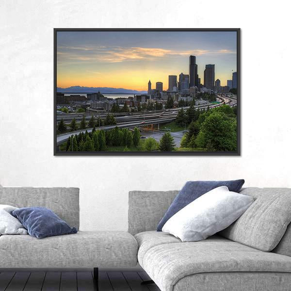 Seattle Washington Skyline At Sunset Canvas Wall Art-3 Horizontal-Gallery Wrap-25" x 16"-Tiaracle