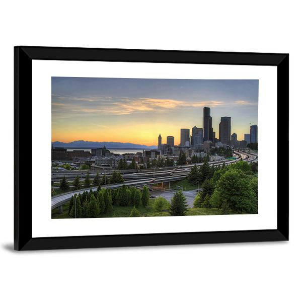 Seattle Washington Skyline At Sunset Canvas Wall Art-3 Horizontal-Gallery Wrap-25" x 16"-Tiaracle