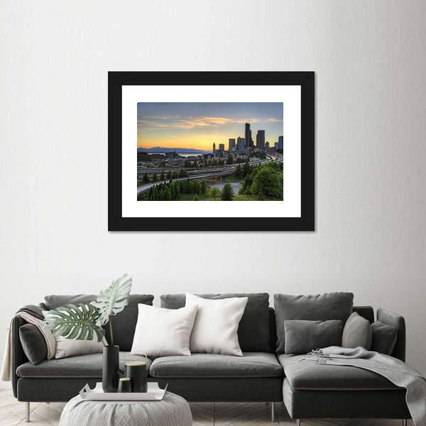Seattle Washington Skyline At Sunset Canvas Wall Art-3 Horizontal-Gallery Wrap-25" x 16"-Tiaracle