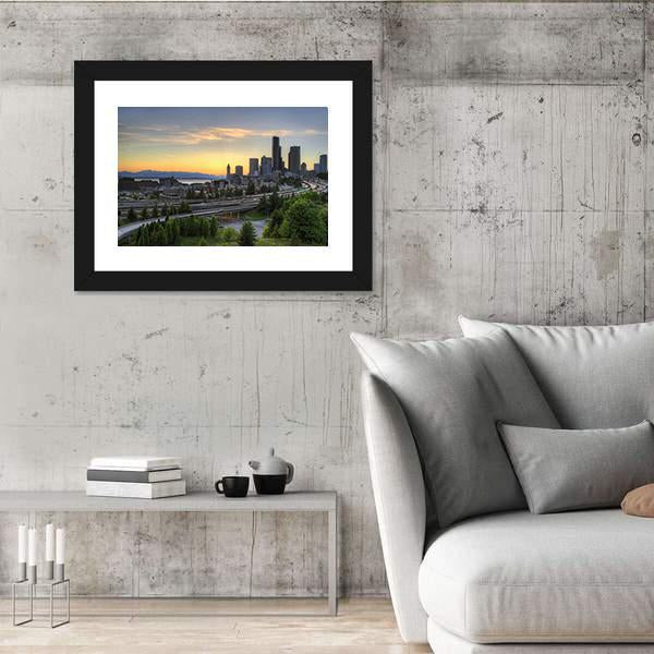 Seattle Washington Skyline At Sunset Canvas Wall Art-3 Horizontal-Gallery Wrap-25" x 16"-Tiaracle