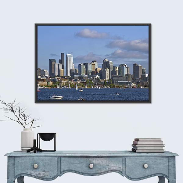 Seattle Washington Skyline On Lake Canvas Wall Art-1 Piece-Floating Frame-24" x 16"-Tiaracle