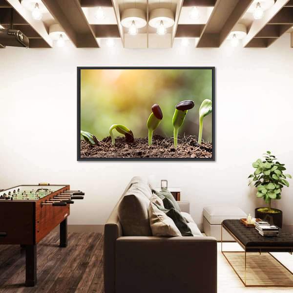 Seed Root On Soil With Sunbeam Canvas Wall Art-3 Horizontal-Gallery Wrap-25" x 16"-Tiaracle