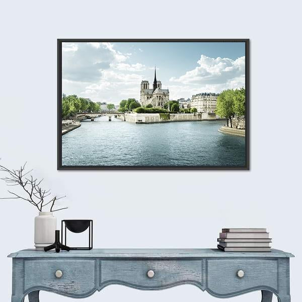Seine And Notre Dame De Paris Canvas Wall Art-1 Piece-Floating Frame-24" x 16"-Tiaracle