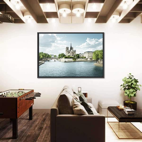 Seine And Notre Dame De Paris Canvas Wall Art-3 Horizontal-Gallery Wrap-25" x 16"-Tiaracle