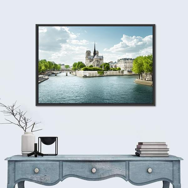 Seine And Notre Dame de Paris In France Canvas Wall Art-1 Piece-Floating Frame-24" x 16"-Tiaracle