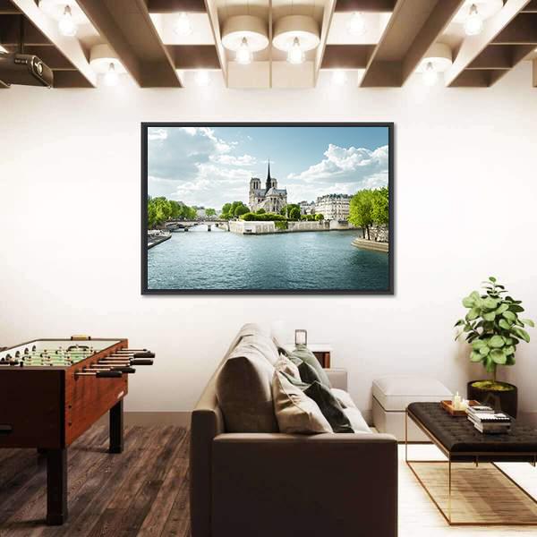 Seine And Notre Dame de Paris In France Canvas Wall Art-3 Horizontal-Gallery Wrap-25" x 16"-Tiaracle