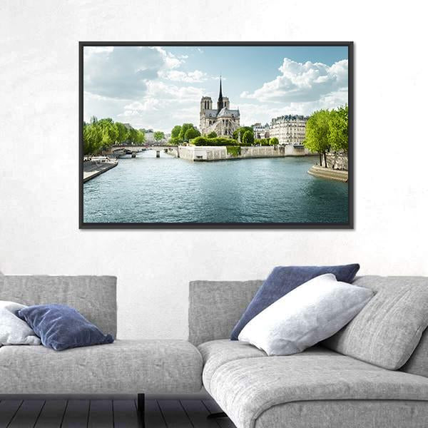 Seine And Notre Dame de Paris In France Canvas Wall Art-3 Horizontal-Gallery Wrap-25" x 16"-Tiaracle