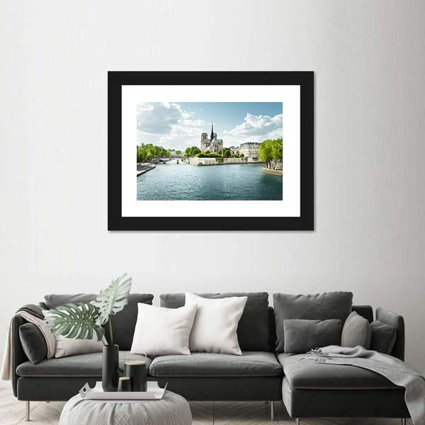 Seine And Notre Dame de Paris In France Canvas Wall Art-3 Horizontal-Gallery Wrap-25" x 16"-Tiaracle