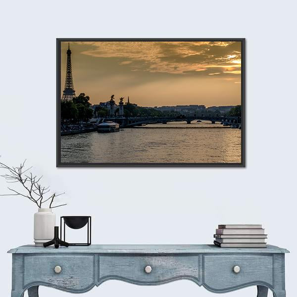 Seine River In Paris At Sunset Canvas Wall Art-1 Piece-Floating Frame-24" x 16"-Tiaracle