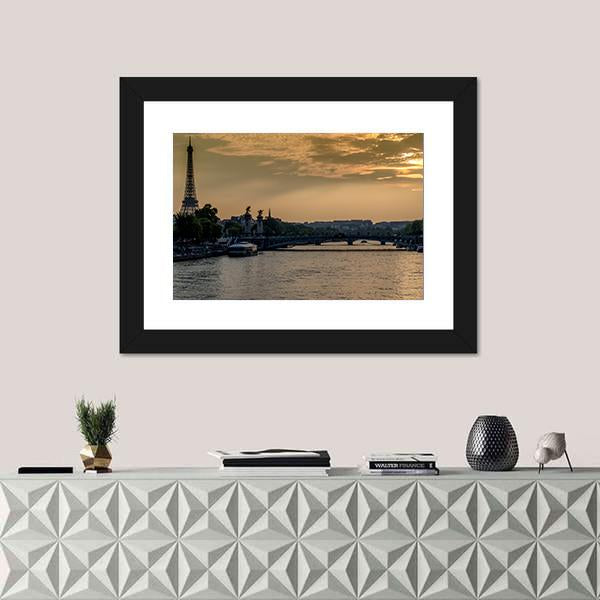 Seine River In Paris At Sunset Canvas Wall Art-1 Piece-Framed Print-20" x 16"-Tiaracle