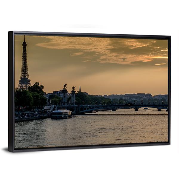 Seine River In Paris At Sunset Canvas Wall Art-3 Horizontal-Gallery Wrap-25" x 16"-Tiaracle
