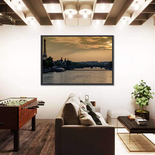 Seine River In Paris At Sunset Canvas Wall Art-3 Horizontal-Gallery Wrap-25" x 16"-Tiaracle