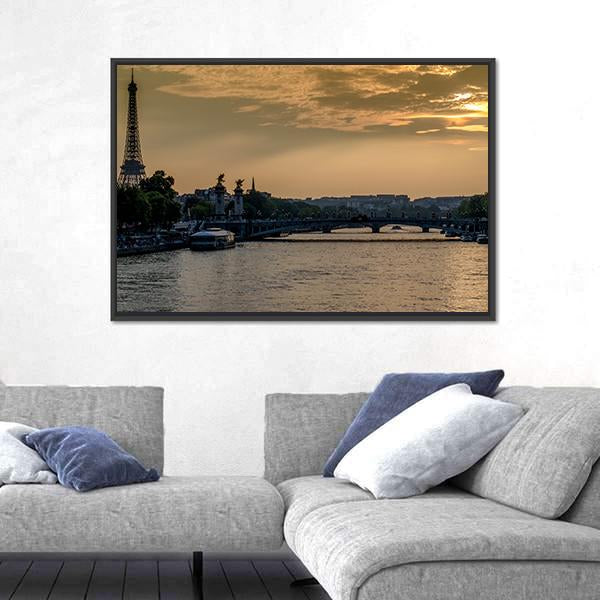 Seine River In Paris At Sunset Canvas Wall Art-3 Horizontal-Gallery Wrap-25" x 16"-Tiaracle