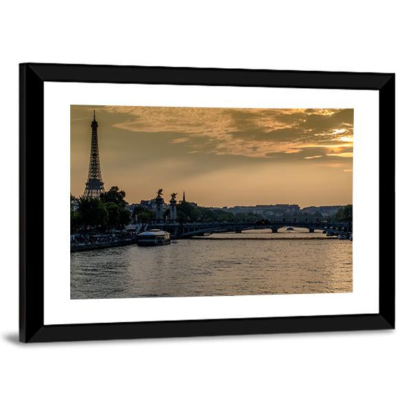 Seine River In Paris At Sunset Canvas Wall Art-3 Horizontal-Gallery Wrap-25" x 16"-Tiaracle