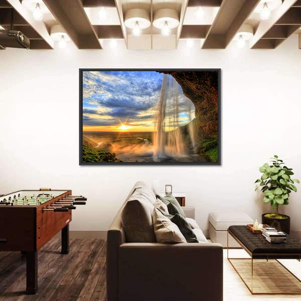 Seljalandfoss Waterfall At Sunset In Iceland Canvas Wall Art-1 Piece-Floating Frame-24" x 16"-Tiaracle