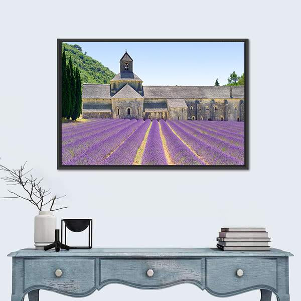 Sénanque Abbey And Lavender Flowers Canvas Wall Art-1 Piece-Floating Frame-24&quot; x 16&quot;-Tiaracle