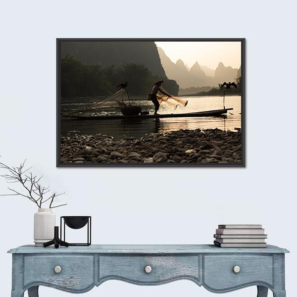 Senior Adult Fishing In China Canvas Wall Art-1 Piece-Floating Frame-24" x 16"-Tiaracle