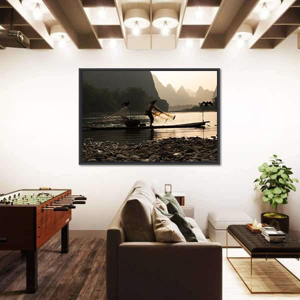 Senior Adult Fishing In China Canvas Wall Art-1 Piece-Floating Frame-36" x 24"-Tiaracle