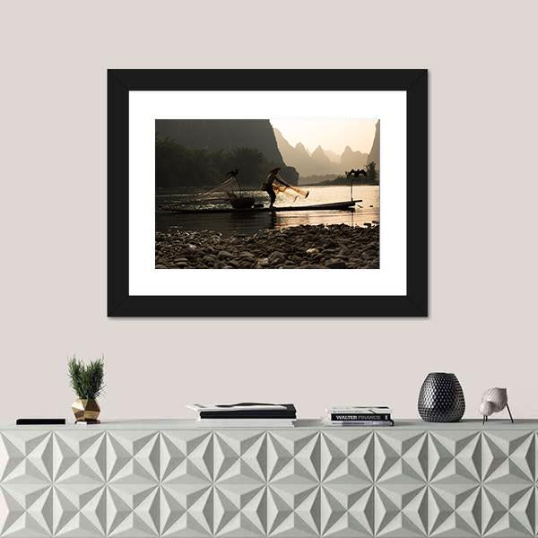 Senior Adult Fishing In China Canvas Wall Art-1 Piece-Framed Print-20" x 16"-Tiaracle