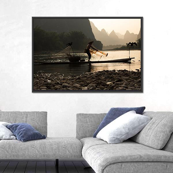 Senior Adult Fishing In China Canvas Wall Art-5 Horizontal-Gallery Wrap-22" x 12"-Tiaracle